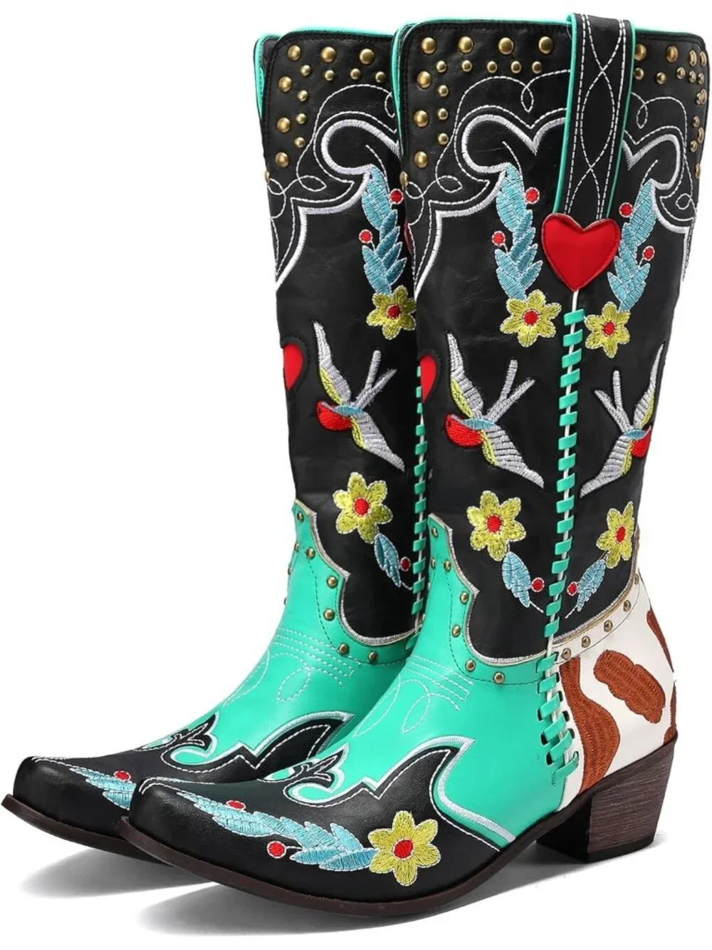 Women's Blue Knee High Boots Faux Leather Western Swallow Chunky Low Heels